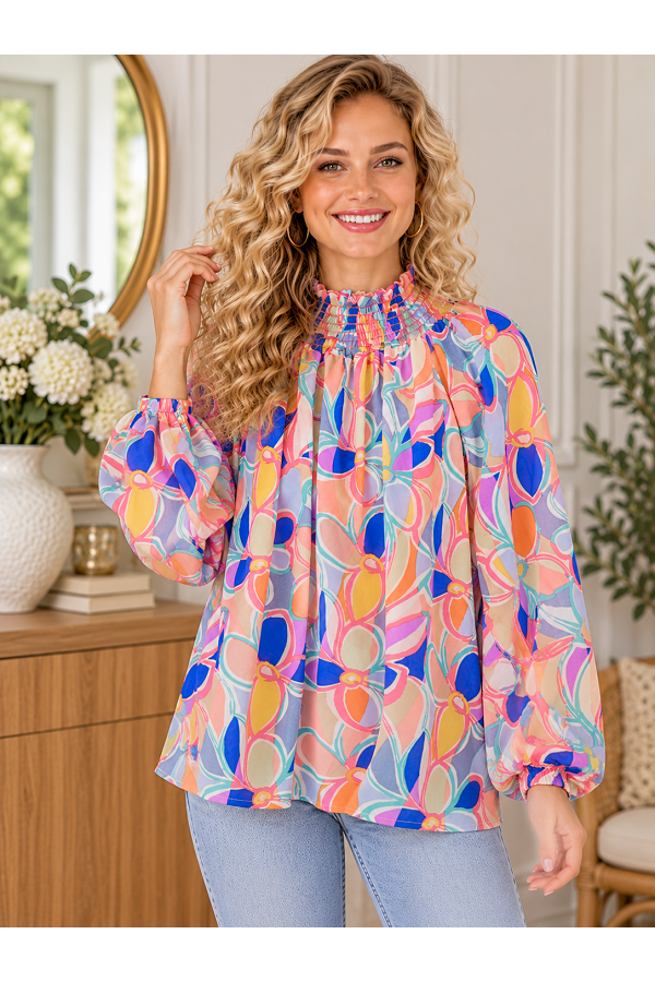 LMT4641 / Lovely Melody<br/>Retro Bloom Smocked Neck Floral Blouse