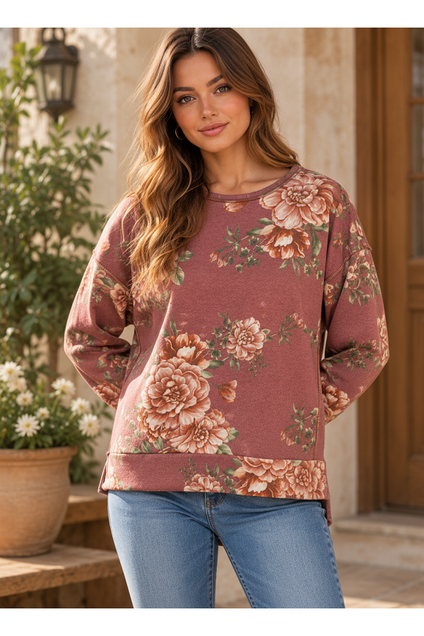 LMT4980 / Lovely Melody<br/>Vintage Floral Print Long Sleeve Pullover Top