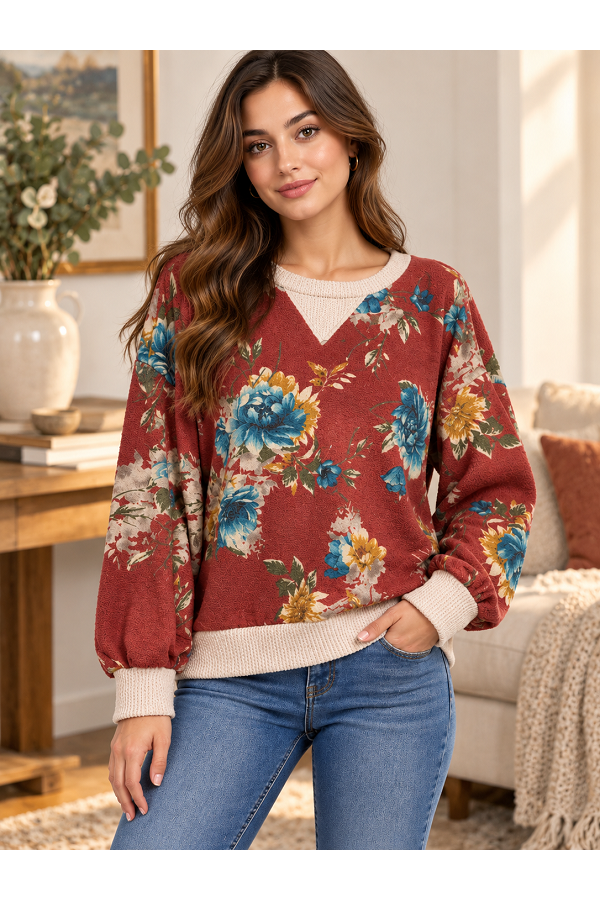 LMT5628 / Lovely Melody<br/>Rustic Floral Contrast Ribbed Sweatshirt