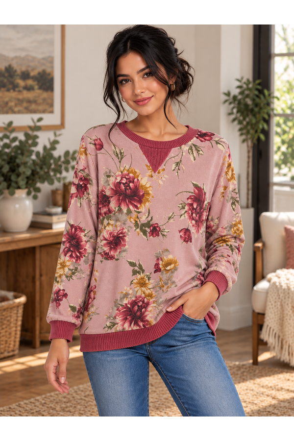 LMT5637 / Lovely Melody<br/>Vintage Dahlia Ribbed V-Notch Sweatshirt