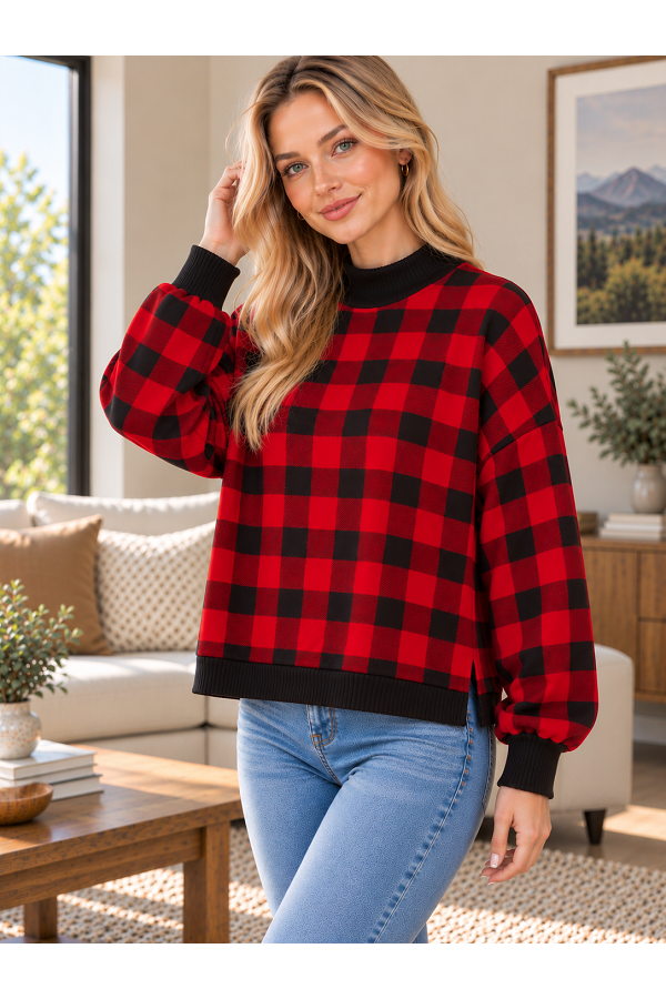 LMT5642 / Lovely Melody<br/>Cozy Buffalo Plaid Ribbed Trim Top