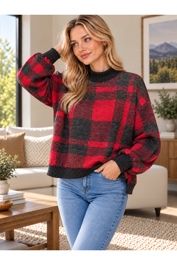 LMT5643 / Lovely Melody<br/>Cozy Plaid Ribbed-Trim Pullover