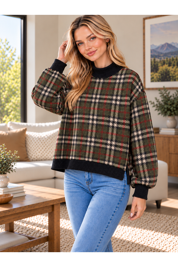 LMT5644 / Lovely Melody<br/>Vintage Plaid Knit Top with Ribbed Trim
