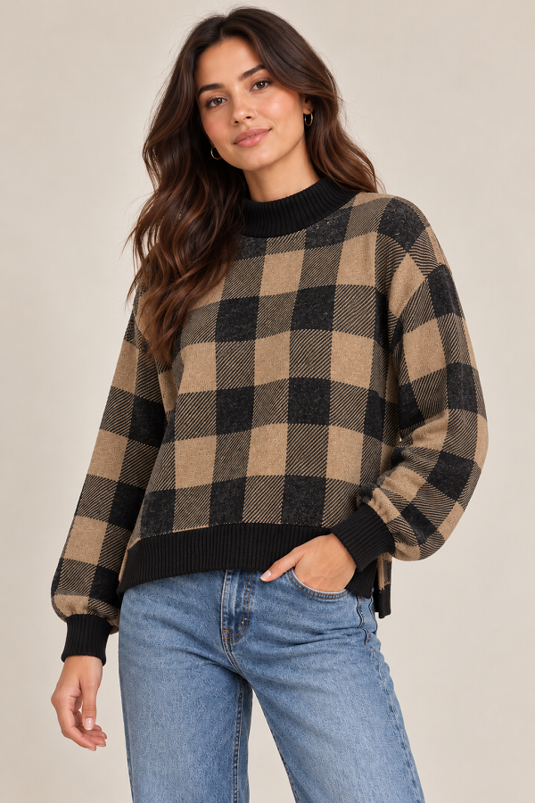 LMT5645 / Lovely Melody<br/>Cozy Buffalo Plaid Mock Neck Top