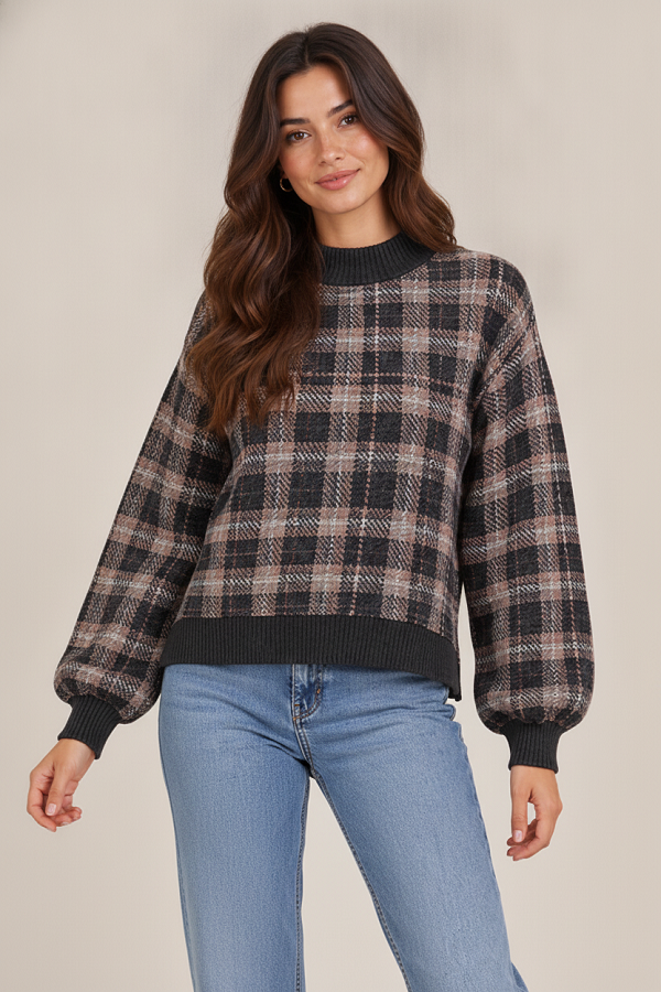 LMT5646 / Lovely Melody<br/>Plaid Balloon Sleeve Knit Sweater