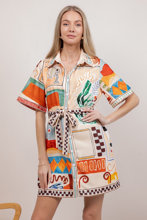 SDUH-D1909 / Sundayup<br/>PRINTED LINEN MINI SHIRT DRESS
