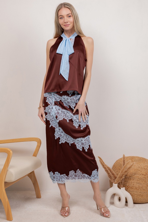 SDUH-S6272 / Sundayup<br/>LACE TRIM TIE TOP AND SKIRT SET