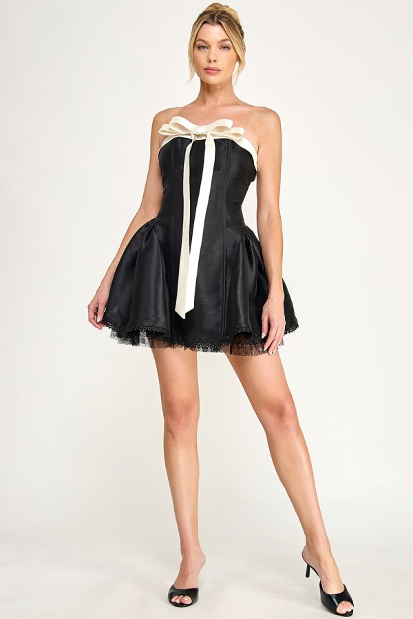VID53687 / The Vintage Shop<br/>TAFFETA STRAPLESS CENTERED RIBBON LACE TRIM MINI DRESS