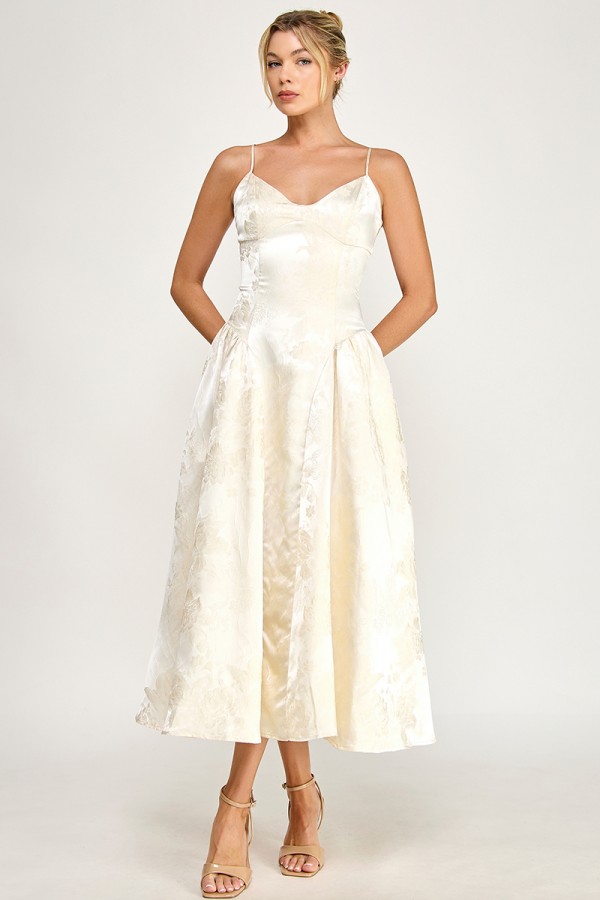 VID54000-1 / The Vintage Shop<br/>SATIN JACQUARD V-NECKLINE SPAGHETTI STRAPS LACE UP BACK FLARED A-LINE MIDI DRESS