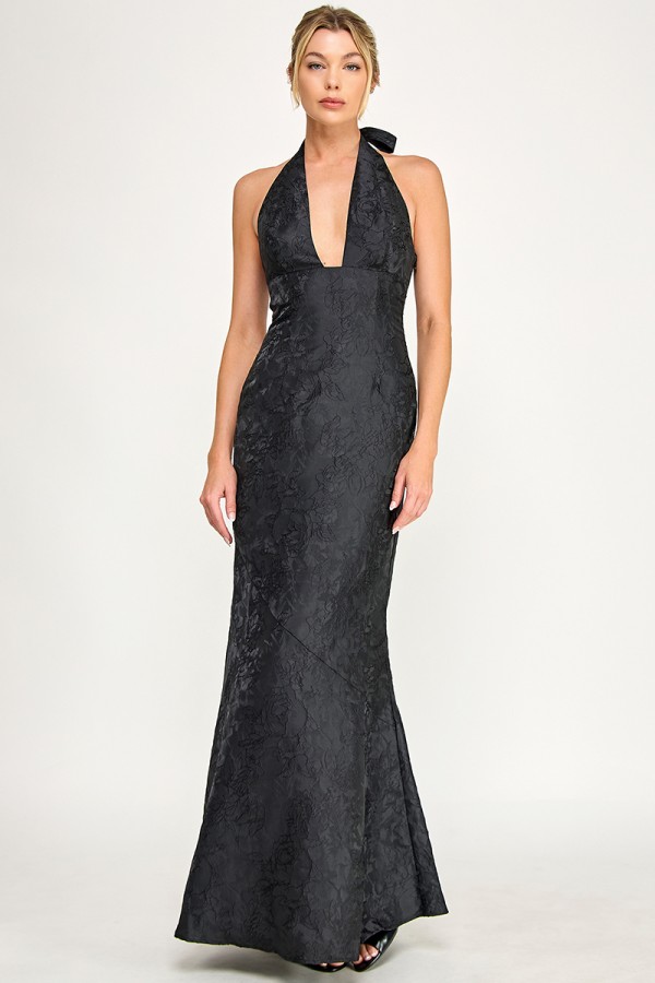 VID54119 / The Vintage Shop<br/>JACQUARD DEEP PLUNGING V-NECKLINE HALTER STRAPS MERMAID MAXI DRESS
