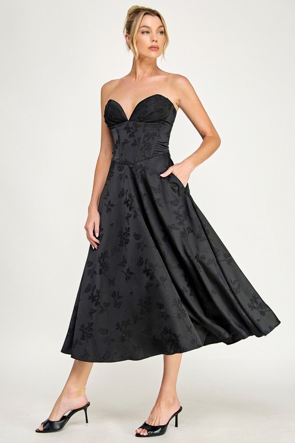 VID54139 / The Vintage Shop<br/>JACQUARD STRAPLESS DEEP SWEETHEART NECKLINE LACE-UP A-LINE MIDI DRESS