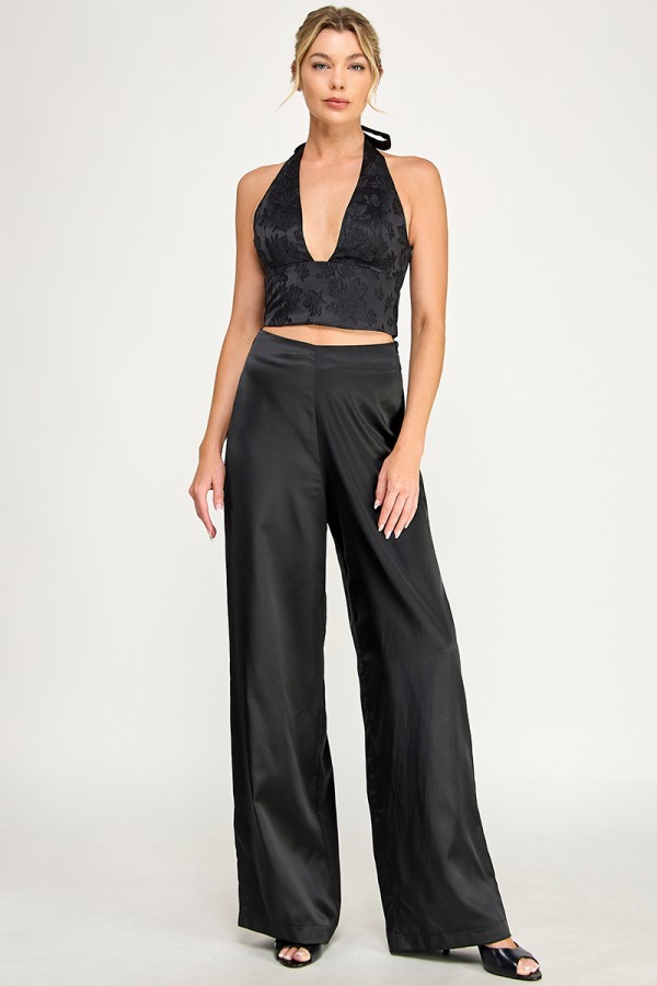 VIT54283 / The Vintage Shop<br/>SATIN JACQUARD SLEEVELESS PLUNGING V-HALTER NECKLINE OPEN BACK OVERSIZED WAIST BOW TOP