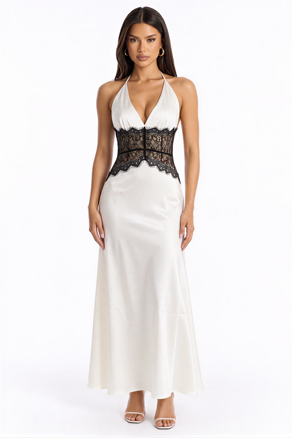 KD3531 / Charming Bunny<br/>Cross Halter Lace Waist Satin Maxi Dress