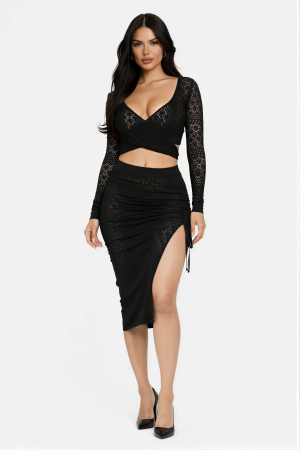 KS22774 / Charming Bunny<br/>Crop Top and Ruched Midi Skirt Set with a Geometric Lace