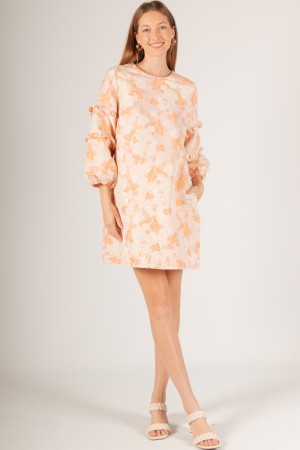 D30334 / Before You Collection<br/>Floral Jacquard Ruffle Detail Balloon Sleeve Dress