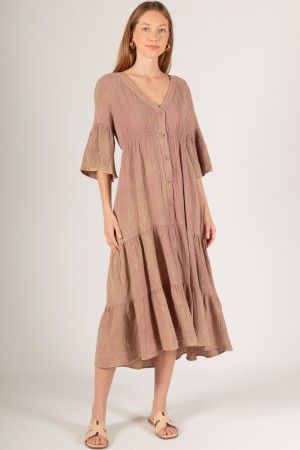 D30417 / Before You Collection<br/>Mineral Wash Gauze 3/4 Sleeve Tiered Midi Dress