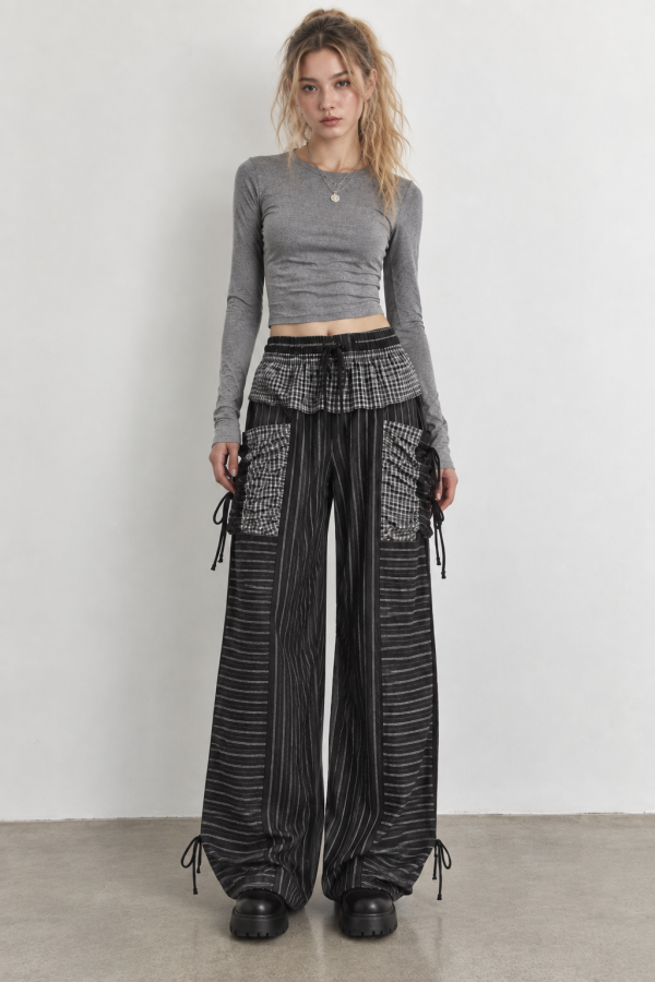 JJB8555 / Jade By Jane<br/>STRIPE & GINGHAM PATCHWORK WIDE LEG PANTS