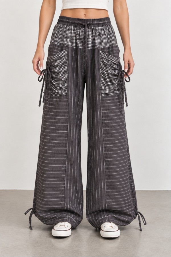 JJB8555P / Jade By Jane<br/>PATCHWORK STRIPE WIDE LEG PANTS