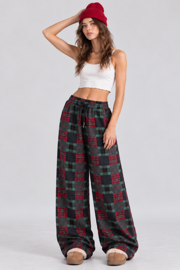 JJB8613 / Jade By Jane<br/>MIXED PLAID PATCH WORK WIDE LEG PANTS