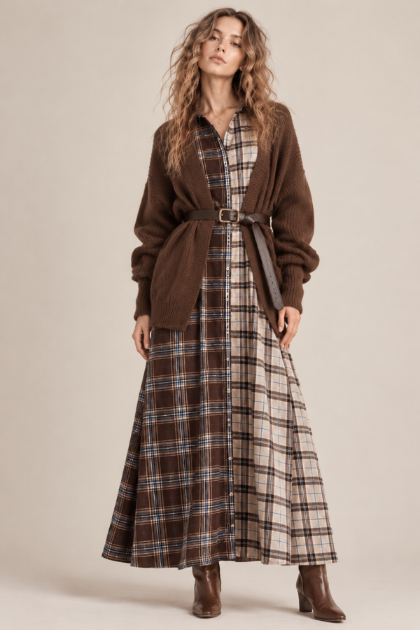 JJD8044-3 / Jade By Jane<br/>MIXED PLAID BUTTON-DOWN MAXI DRESS