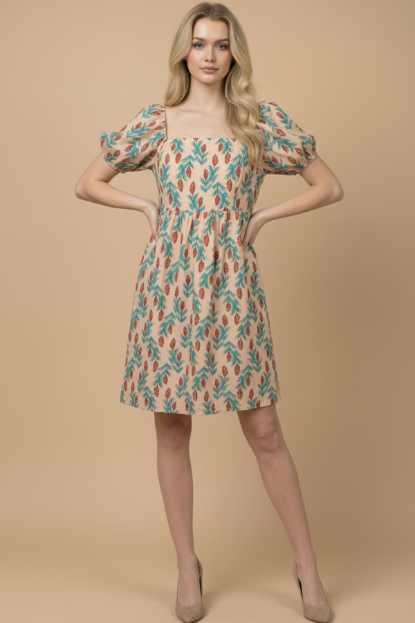 JJD8057 / Jade By Jane<br/>LEAF PRINT SQUARE NECK PUFF SLEEVE DRESS