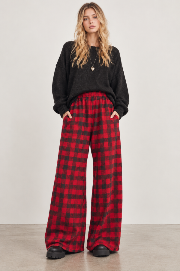KRP3063-11P / Jade By Jane<br/>PLUS SIZE BUFFALO PLAID WIDE-LEG PANTS