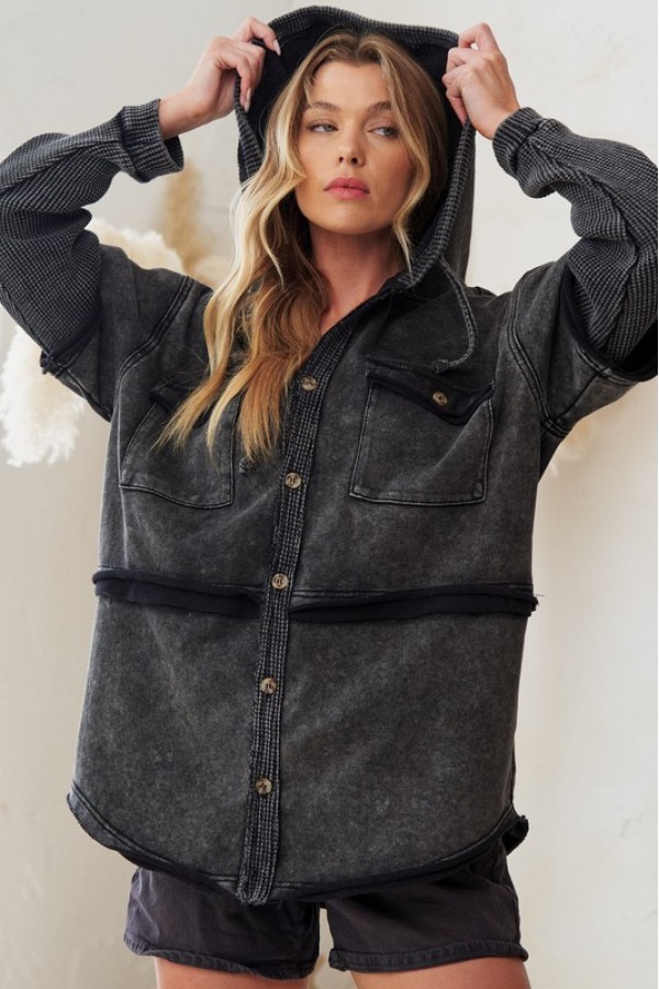 PJJ20004 / Jade By Jane<br/>MINERAL WASHED LONG SLEEVE BUTTON DOWN HOODIE