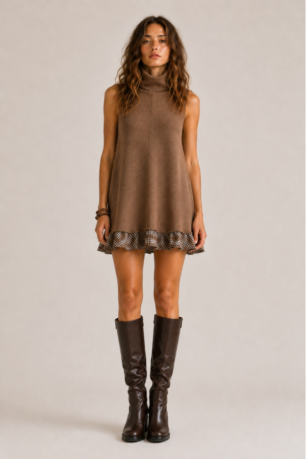 SWT1211 / Jade By Jane<br/>PLAID RUFFLE TURTLENECK MINI DRESS