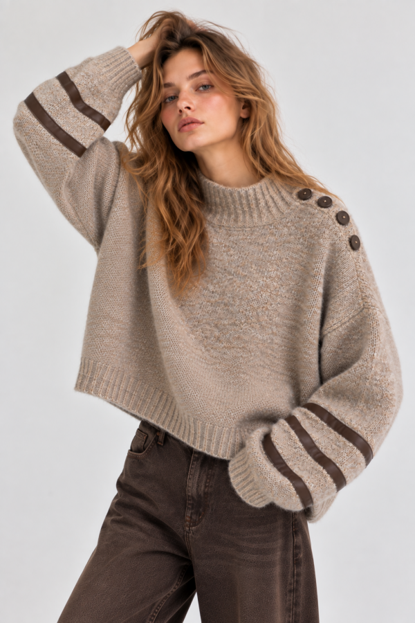 SWT1362 / Jade By Jane<br/>BUTTON SHOULDER MOCKNECK SWEATER
