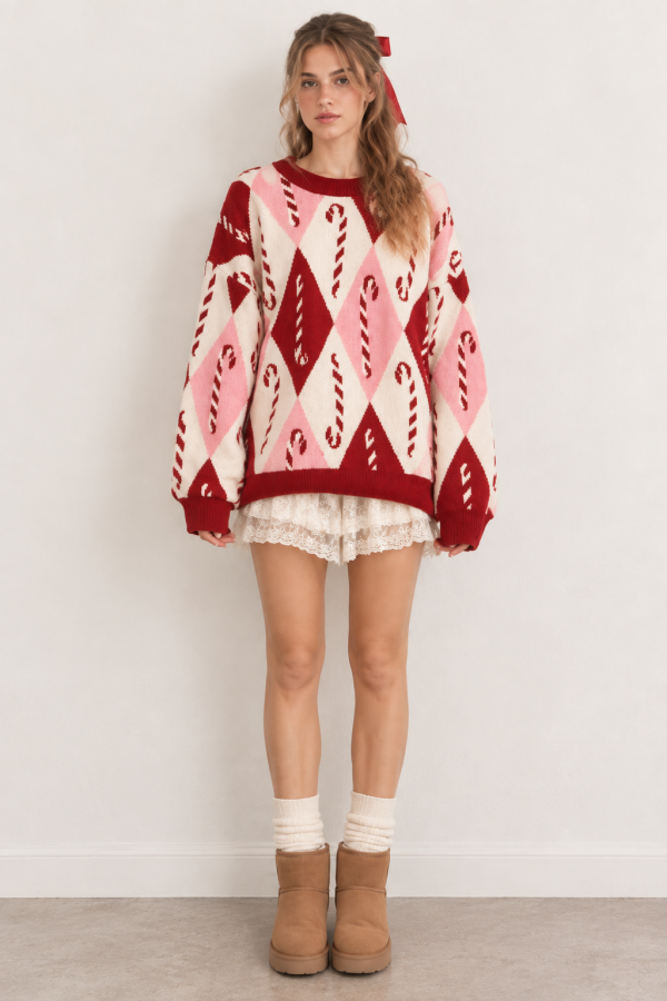 SWT1456 / Jade By Jane<br/>CANDY CANE ARGYLE SWEATER