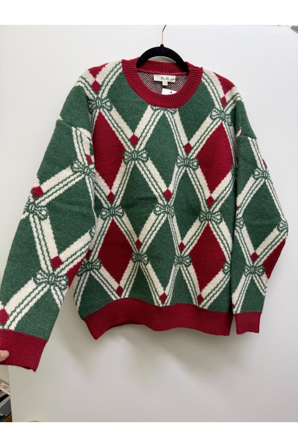 SWT1457P / Jade By Jane<br/>FESTIVE ARGYLE CHRISTMAS SWEATER