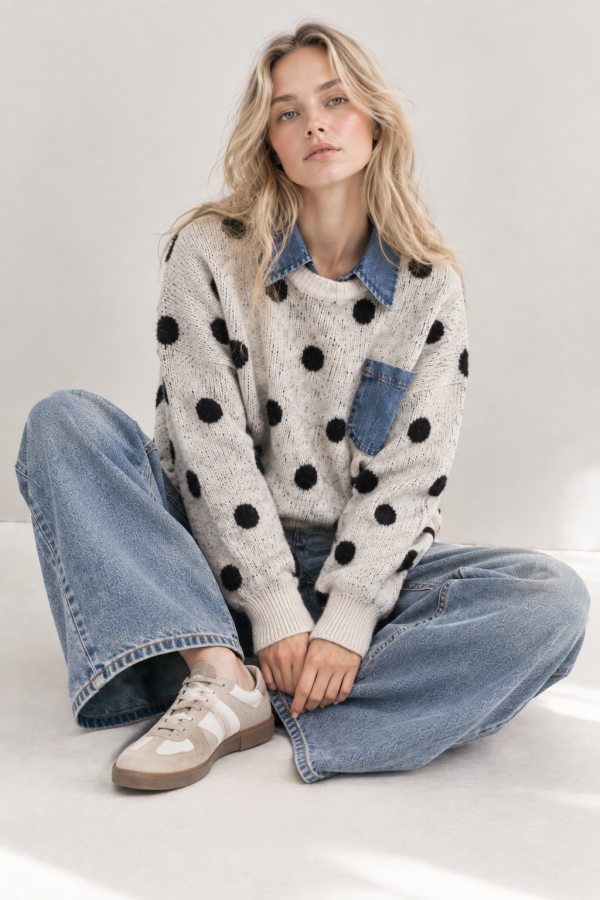 SWT1514P / Jade By Jane<br/>POLKA DOT DENIM COLLAR SWEATER