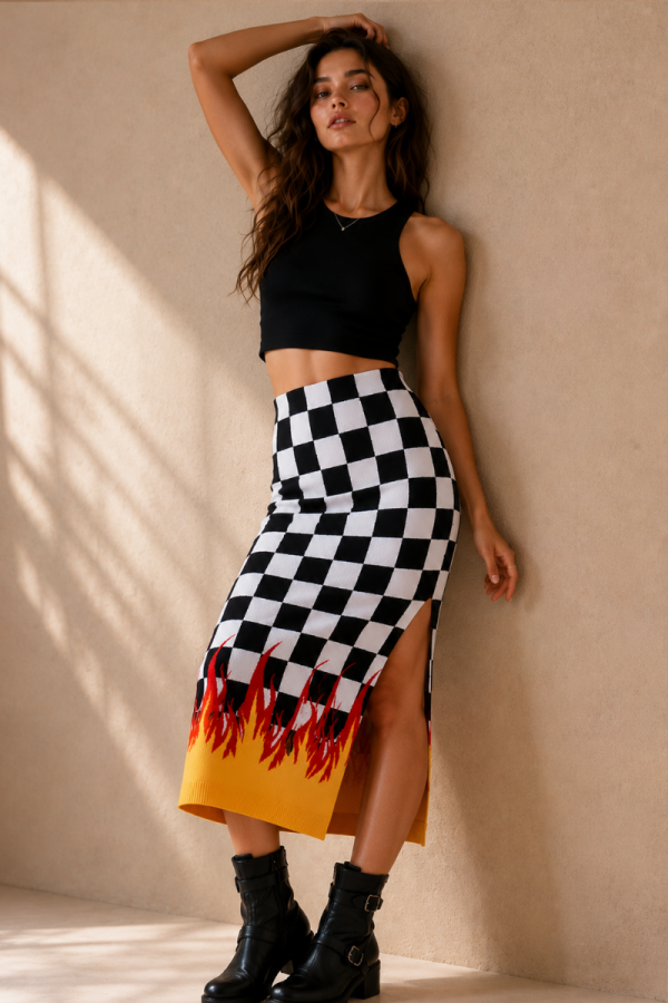 SWT8547 / Jade By Jane<br/>CHECKERED FLAME KNIT MIDI SKIRT