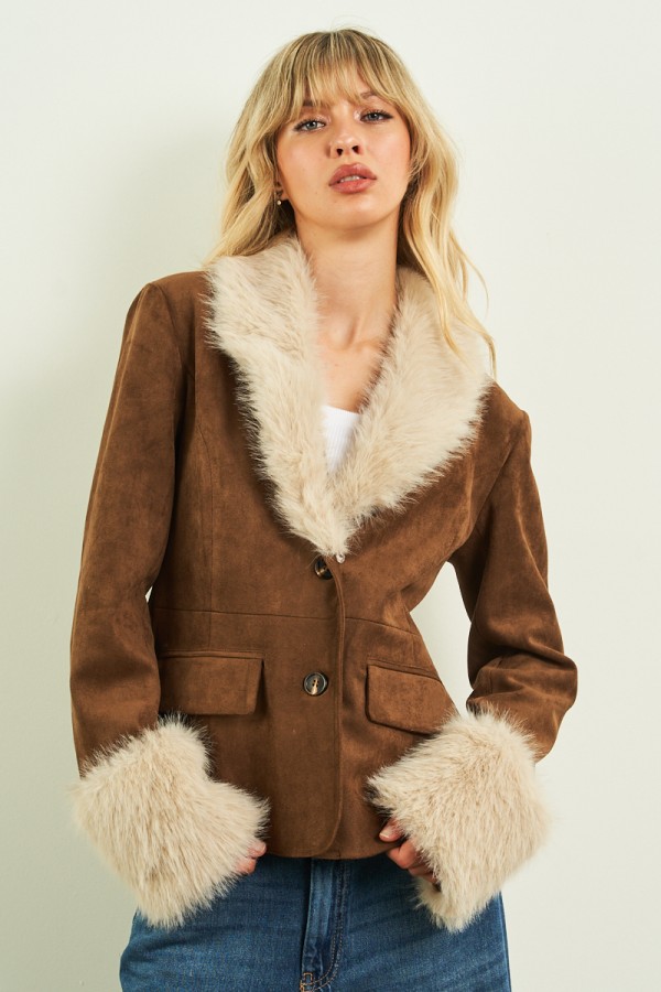 2953 / ANWND<br/>Faux Suede Fur-Trim Blazer