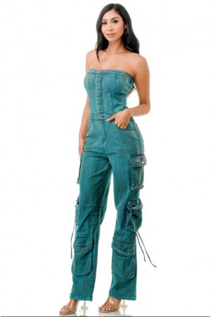FN4624 / 5th Culture<br/>PLUS STRAPLESS TUBE TOP SIDE POCKETS CARGO WASHED DENIM JUMPSUIT