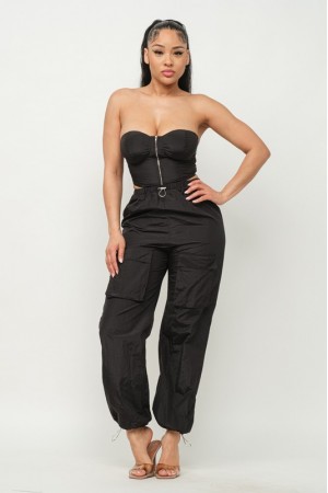 FN4644 / 5th Culture<br/>FRONT ZIPPER CORSET TUBE TOP AND CARGO PANTS SET