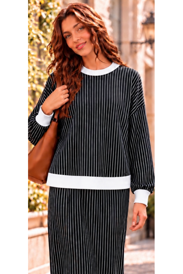 CT11961E / Celeste Design<br/>comfortable with our STRIPE Knit LONG SLEEVE Sweater. This versatile pullover features a classic crew neck, flatteringlo