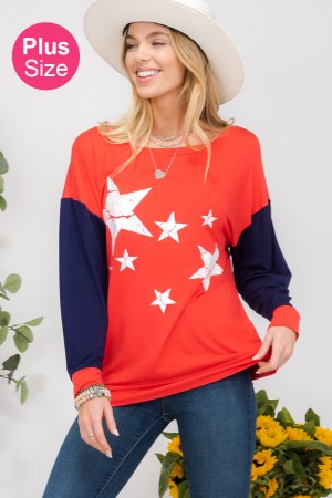 CT33555G-PL / Celeste Design<br/>Plus Star Print Round Neck Top with Contrast Sleeves