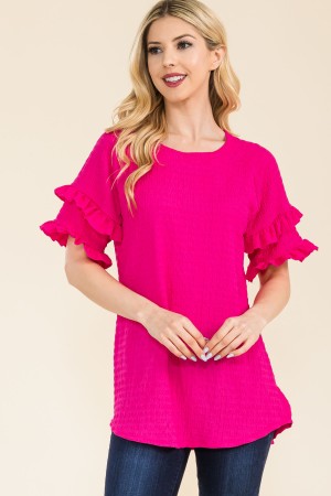 CT43703G-PL / Celeste Design<br/>PLUS CRNKLE JERSEY TOP WITH RUFFLE SLEEVES