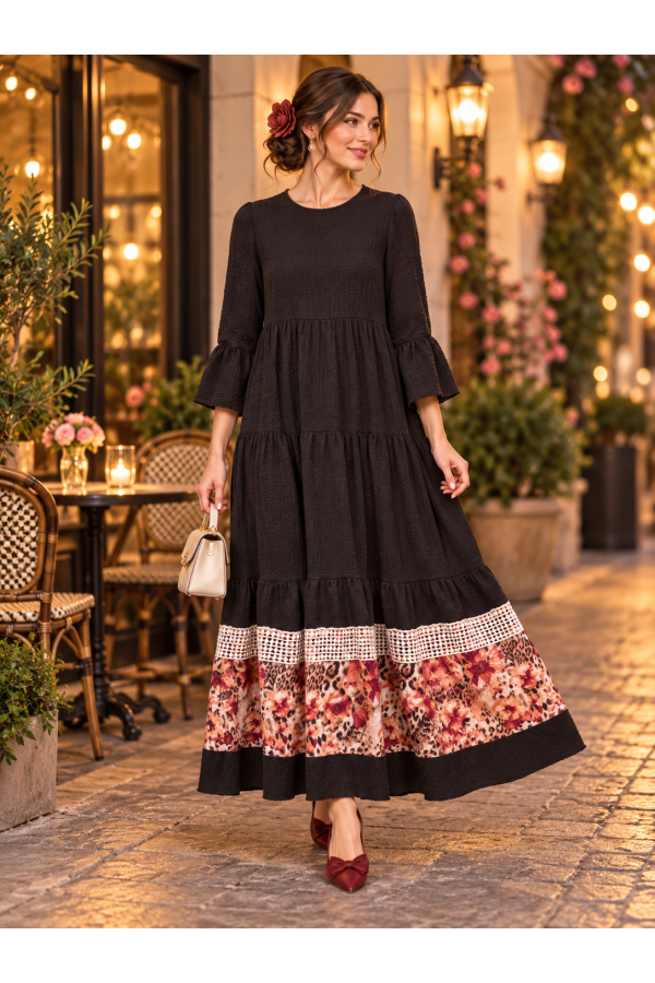 MD43978B-PL / Celeste Design<br/>feminine bell sleeves, and a striking contrast floral lace t hem panel