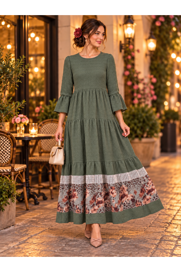 MD43978B / Celeste Design<br/>Women's Textured Tiered Midi Dress with contrast Hem